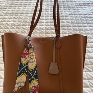 Tory Burch Brown Leather large Tote with Patterned Scarf New with Tag . Dust bag